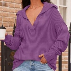 New Women's Sweater Oversized V-Neck Batwing Sleeves Asymmetrical Knit Purple Lg
